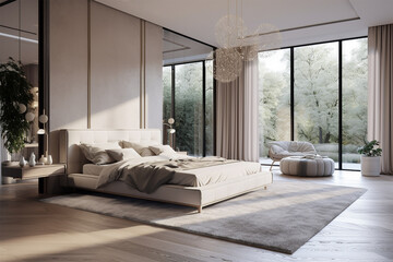 Luxury modern bedroom white furniture floor to ceiling window.Nobody.Created with generative ai