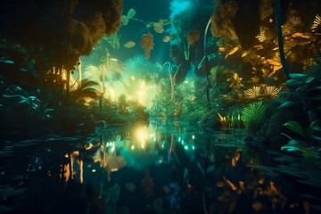Obraz na płótnie Canvas - exotic night Fairy forest with mystical light generative ai