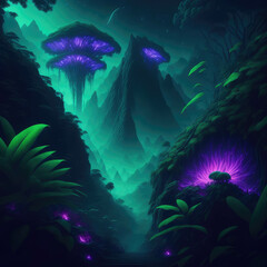 Alien Dark Rainforest With Glowing Neon Lights Plants And Flowers Fantasy Mist And Clouds Night Mountain Generative Ai