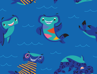 Cute cartoon hammerhead sharks. Blue vector underwater seamless pattern. Vector illustration