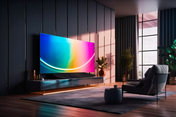 Big Screen TV Takes Center Stage in Modern Living Room. Generative AI