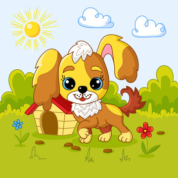 Cartoon cute puppy in the backyard. Courtyard landscape with trees, bushes, green grass and a doghouse. For the design of children's prints, posters and so on.Vector illustration