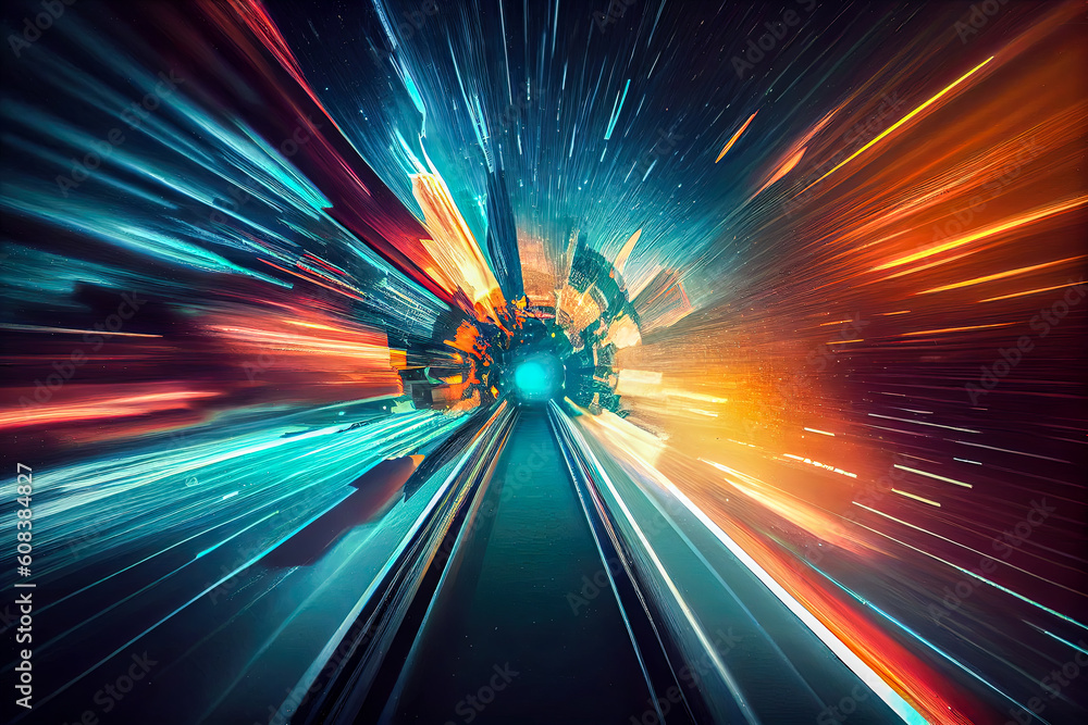 Poster 3d futuristic tunnel with glowing lines on a dark background. generative ai