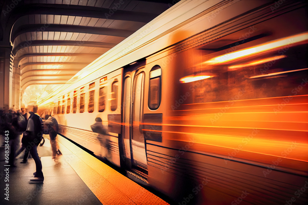 Poster train in motion on the platform of a subway station at night. generative ai