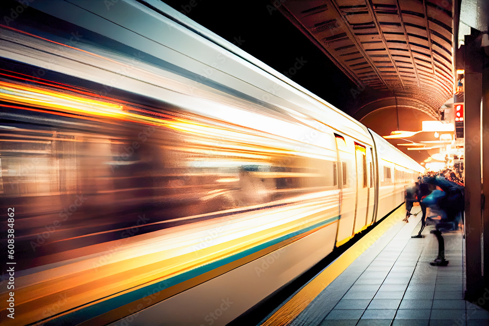 Poster train in motion on the platform of a subway station at night. generative ai