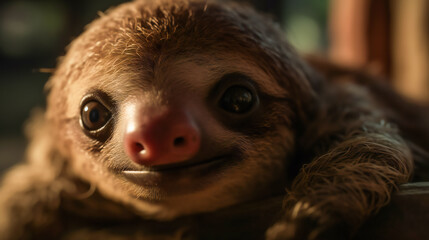 Fototapeta premium Curious Baby Sloth Peeking Out from Behind a Leaf. Generative AI