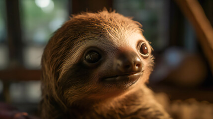 Naklejka premium Curious Baby Sloth Peeking Out from Behind a Leaf. Generative AI