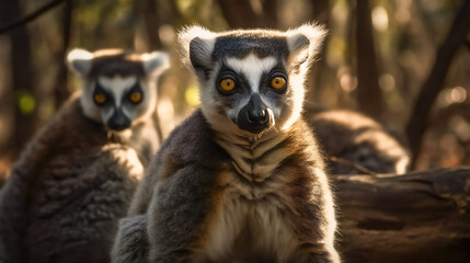 Fototapeta premium Curious Lemur Family Investigating Their Surroundings. Generative AI