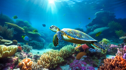 Obraz na płótnie Canvas Diving into a Vibrant World of Coral and Sea Creatures. Generative AI