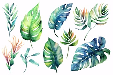 Naklejka premium Hand drawn watercolor tropical plants set. Exotic palm leaves, botany elements. Perfect for fabric design. Generative ai.