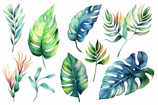 Hand drawn watercolor tropical plants set. Exotic palm leaves, botany elements. Perfect for fabric design. Generative ai.