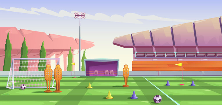 Sports training complex. Stadium building, lighting tower, canopy with bench, soccer field for training. Sports equipment, goal, ball, cone, corner flag, training dummy. Vector cartoon illustration.