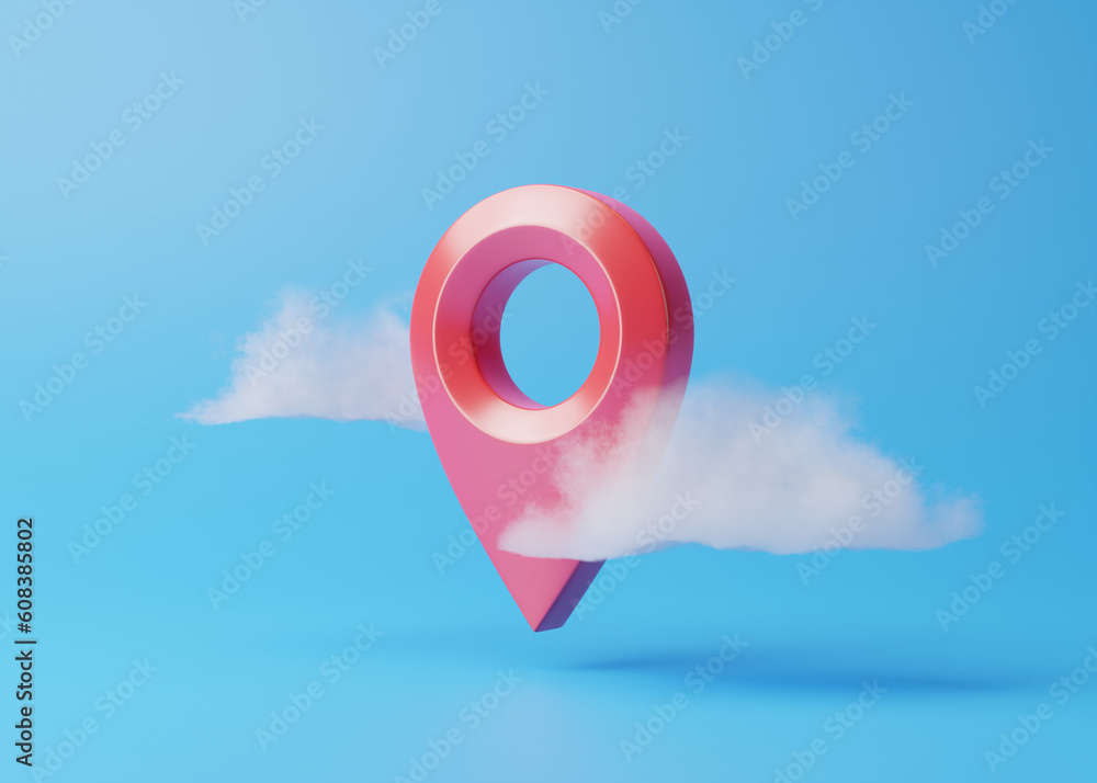 Poster red map location point marker or navigation pin icon sign flying in the clouds on a blue background.