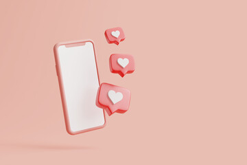 Fototapeta na wymiar Notification icon like heart and mobile phone with white screen on a pastel background. 3d rendering illustration
