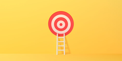 White ladder leads to a target on a yellow background. Concept of achieving goals, planning, inspiration. 3d rendering illustration © Andrii
