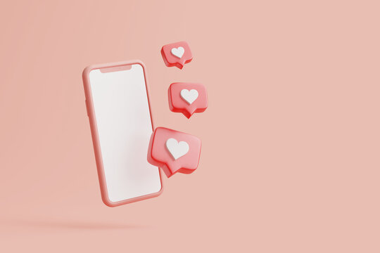 Notification Icon Like Heart And Mobile Phone With White Screen On A Pastel Background. 3d Rendering Illustration