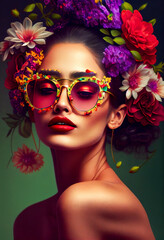 Fototapeta premium Illustration of a sunglasses girl. Beauty flowers face of a woman. Flowers in the head. Generative AI.