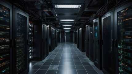 Obraz premium Inside the Data Center. Where Information Never Sleeps. Generative AI