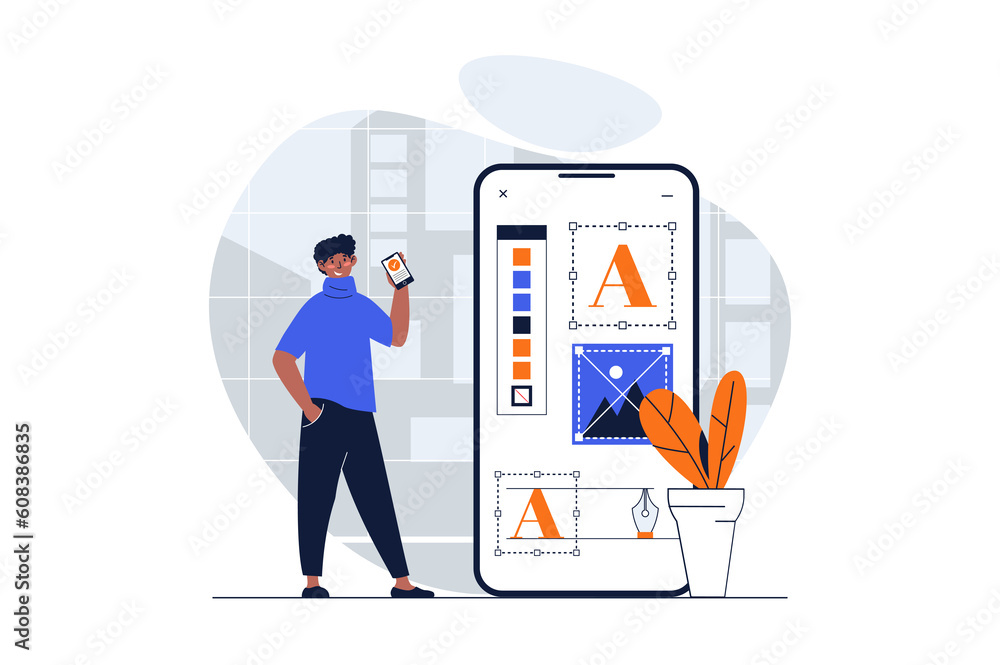 Poster Designer studio web concept with character scene. Man creating mobile app layout and drawing ui elements. People situation in flat design. Illustration for social media marketing material.