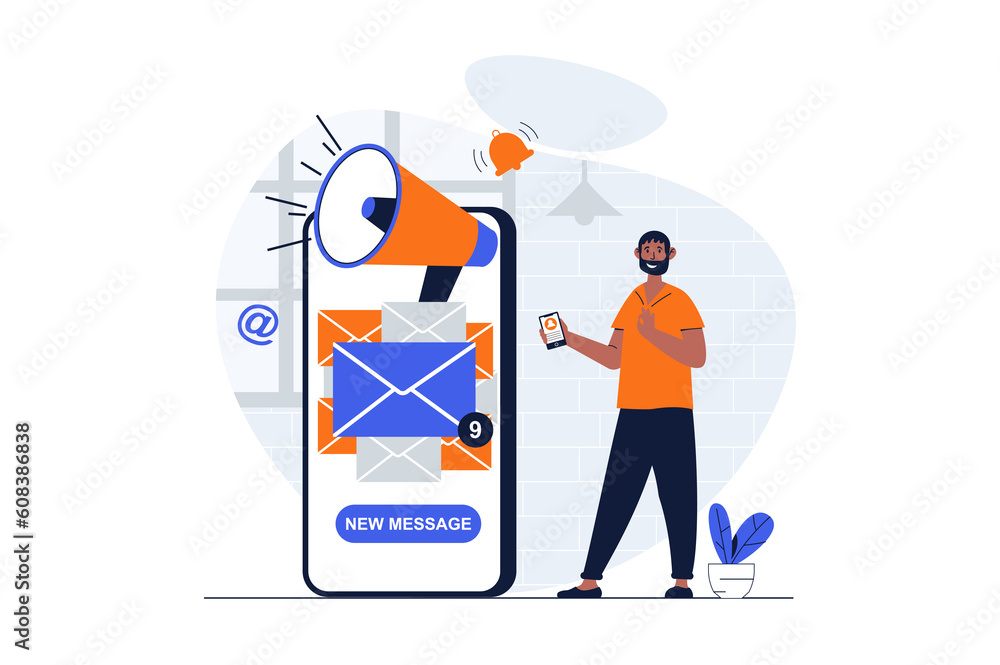 Aufkleber designer studio web concept with character scene. man creating and releasing product, making email p