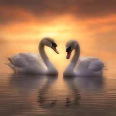 Naklejka na ściany i meble two swans in love on a lake in the sunrise Generative Ai