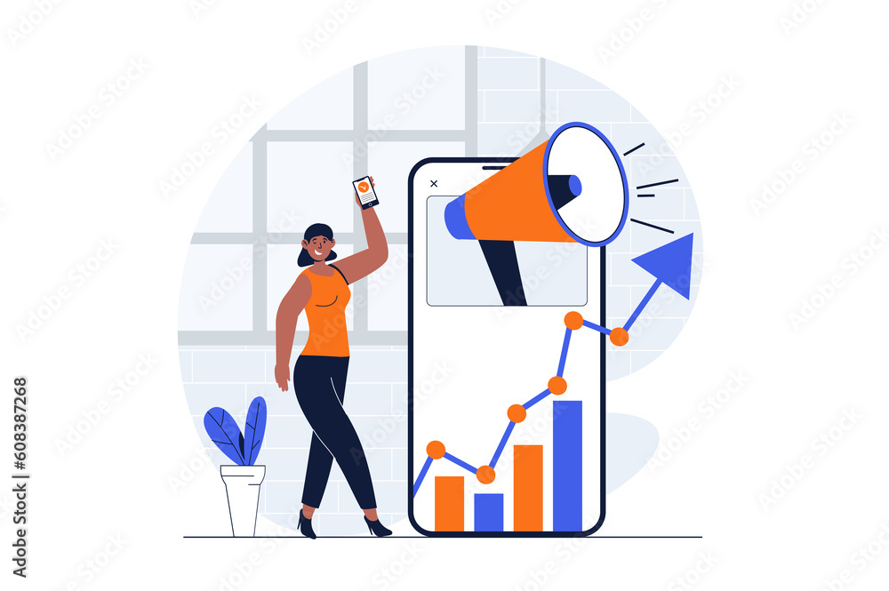 Aufkleber digital marketing web concept with character scene. woman creating different advert content, analyzi