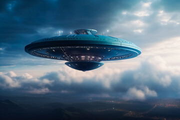 Fototapeta na wymiar Mysterious UFO sighting over the distant horizon during a cloudy dusk. Generative AI