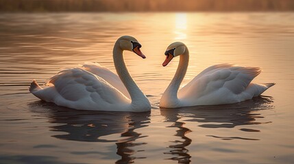 two swans laying on the water in the evening Generative Ai