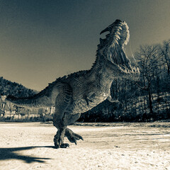 monster dinosaur is attacking on the ice age side view