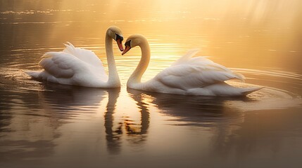 two swans laying on the water in the evening Generative Ai