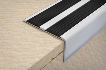 Aluminium non slip rubber stair nosing edge trim - 3d rendering - obrazy, fototapety, plakaty