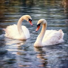 two white swans are swimming in the water together Generative Ai