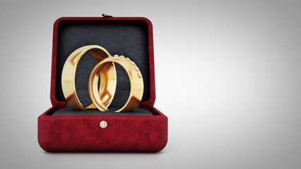 Wedding rings inside red velvet ringbox. 3D illustration