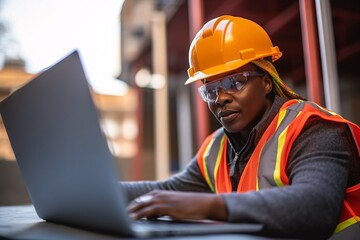 Development and Construction. Female engineering supervisor with laptop. Black woman. Generative Ai.