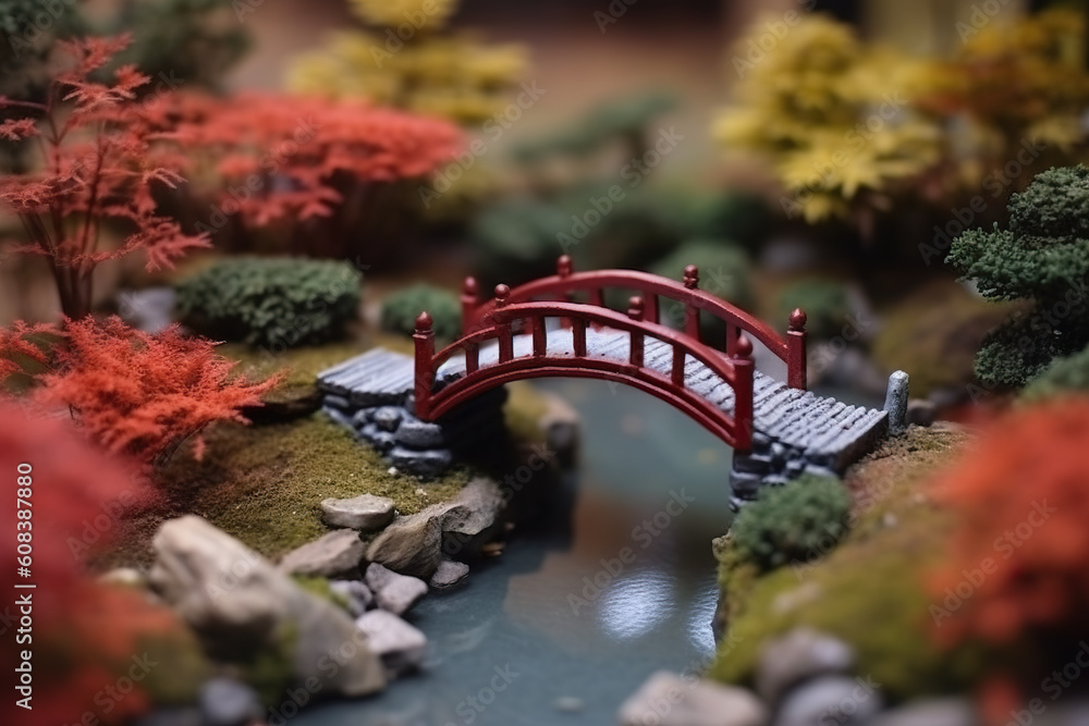 Poster a miniature model of a bridge over a stream. generative ai.