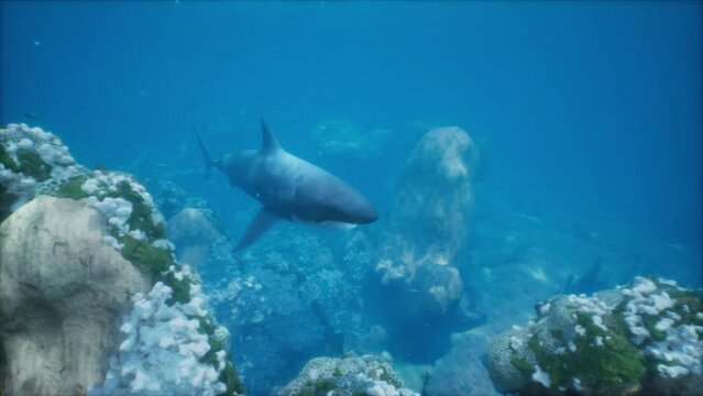 big white shark cruising past the coral reef