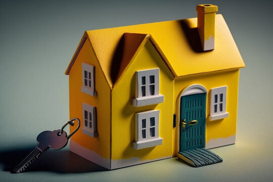 Miniatur Haus in gelb mit Schlüssel, ai generativ