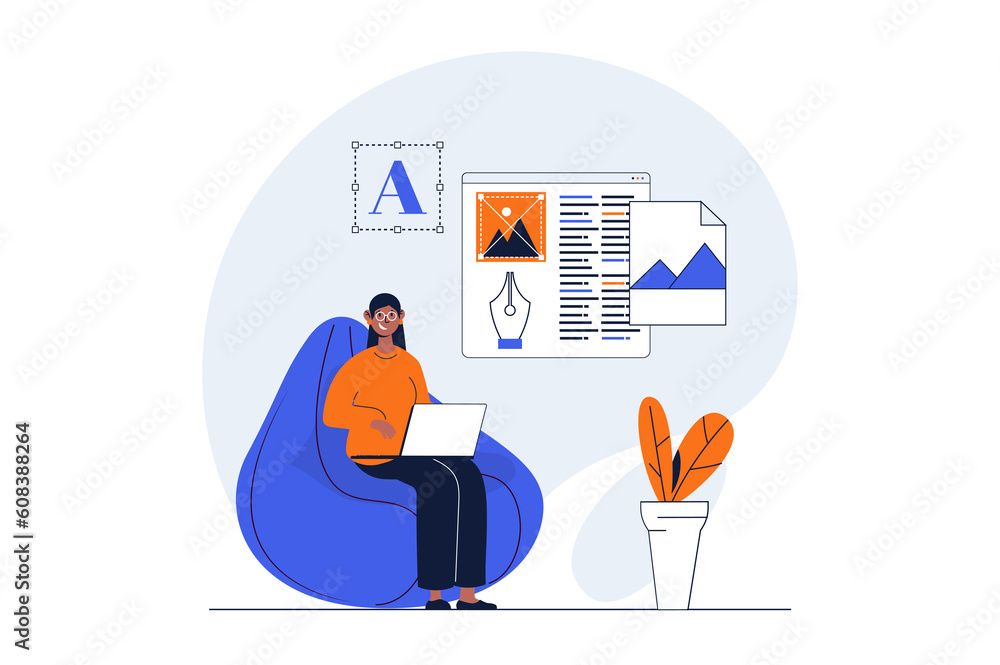 Aufkleber Freelance working web concept with character scene. Woman designer creating ui elements and works online. People situation in flat design. Illustration for social media marketing material.