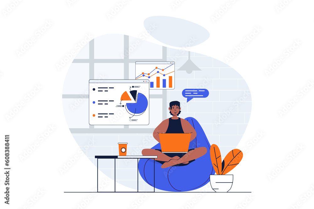 Poster Freelance working web concept with character scene. Man making data report while sitting in chair at home. People situation in flat design. Illustration for social media marketing material.