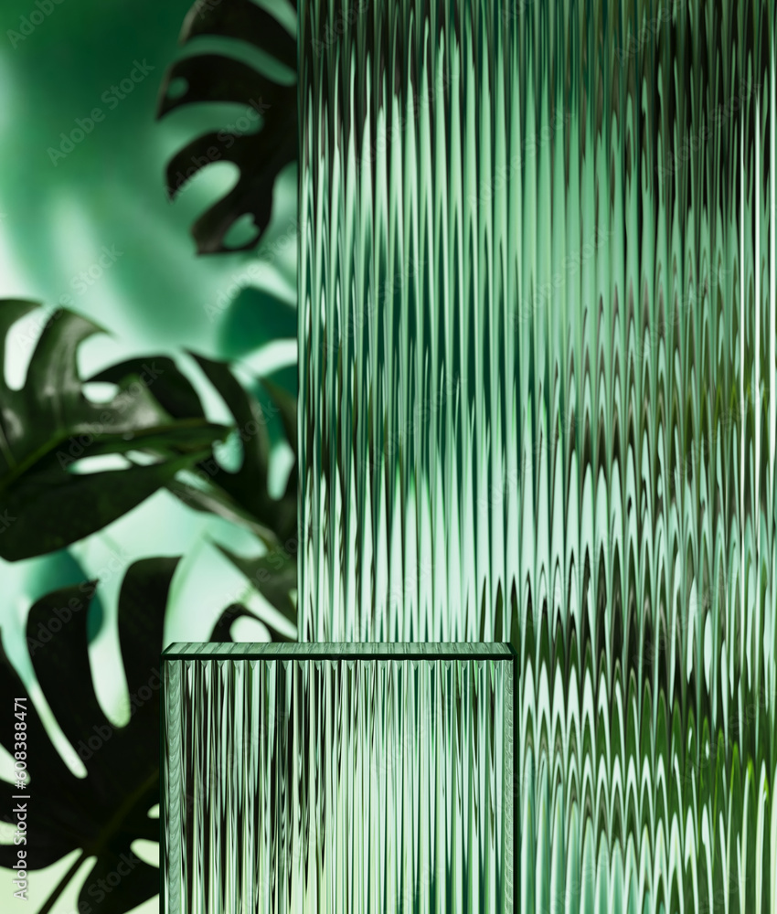 Poster minimal style mockup for product presentation. ribbed glass podium on green garden background. 3d re