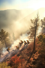 A group of firemen walking up a hill. Generative AI. Putting out forest fire.