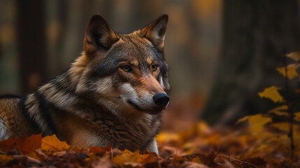 Fototapeta premium Timber Wolf in the Forest. AI Generated