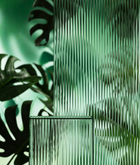 Minimal style mockup for product presentation. Ribbed glass podium on green garden background. 3d rendering illustration. Clipping path of each element included.