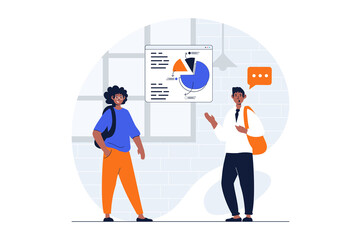 Education web concept with character scene. Teenage students discussing lesson and studying in classroom. People situation in flat design. Illustration for social media marketing material.