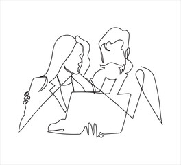 Continuous one line drawing businessman and woman having a discussion business activities