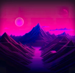 Poster A purple and black landscape with mountains and planets. Generative AI. © Friedbert