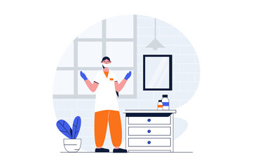 Medicine web concept with character scene. Woman doctor making tests in laboratory for diagnosing patients. People situation in flat design. Illustration for social media marketing material.