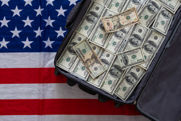 Open suitcase with one million dollars bills stacks