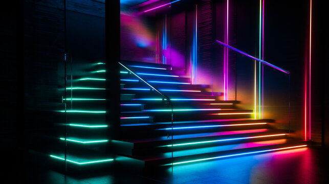 graphic neon spectral stairs. AI Generated