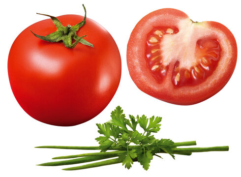 Tomate inteiro, tomate cortado, salsa e cebolinha isolado em fundo transparente - tomate e ervas finas